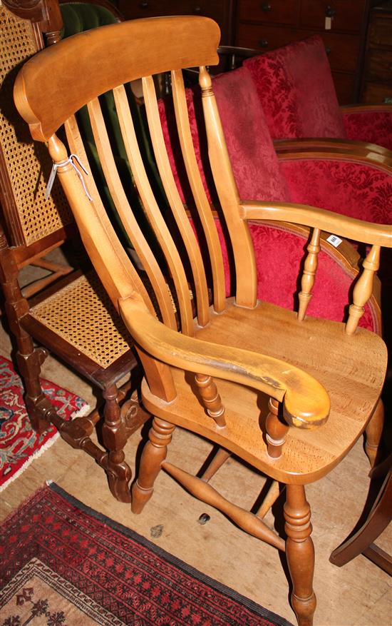 Carolean style standard chair, caned back and seat & a farmhouse style elbow chair